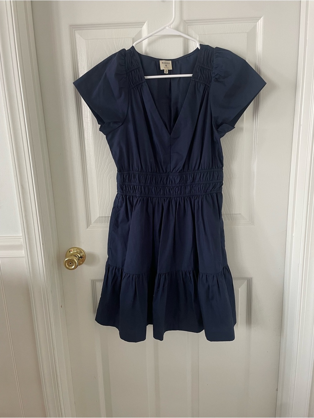 Smocked Waist Navy V-Neck Tiered Mini Dress